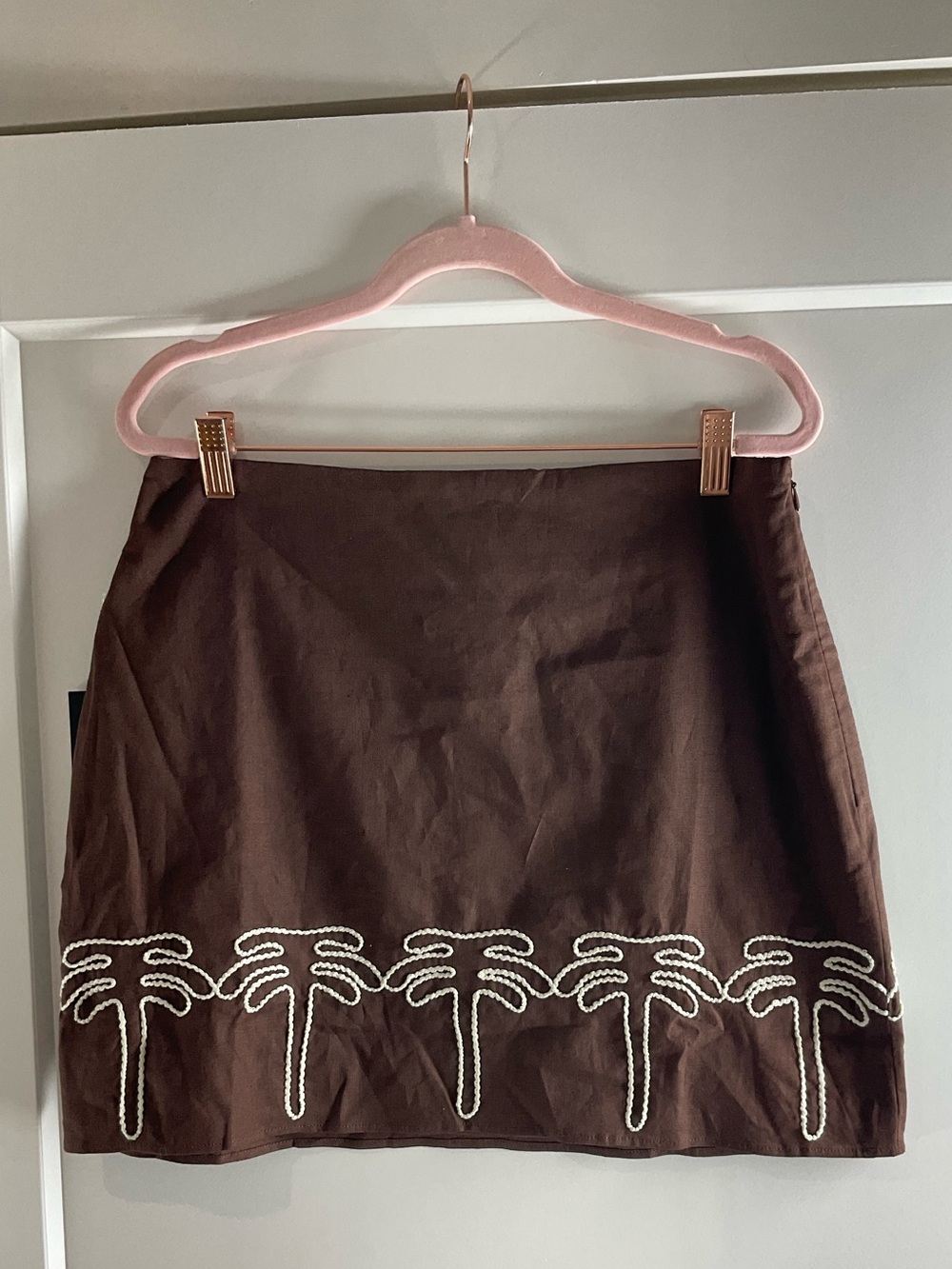 Hyacinth House Palm Embroidered Mini Skirt NWT Brown Linen Blend Size Medium